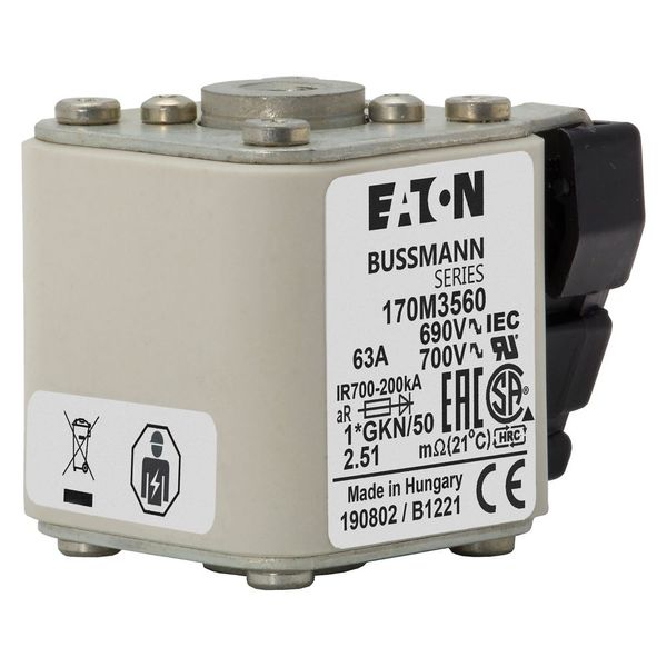 Fuse-link, high speed, 63 A, AC 690 V, compact size 1, 45 x 59 x 51 mm, aR, IEC, UL, type K indicator, 18 UNC image 23