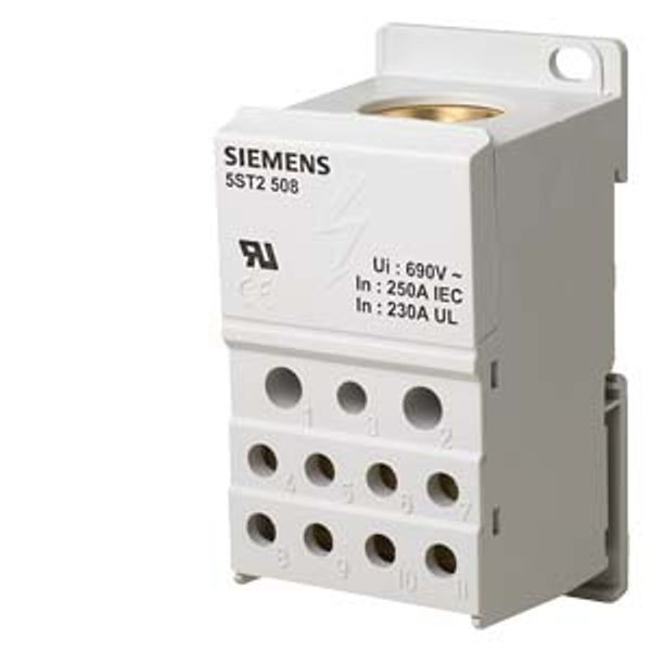 Distribution block 1-pole, 250 A, 690V Input: 1x 35-120 mm2 Output: 2x2.5-25+5x 2.5-16+4x 2.5-10 mm2 image 1