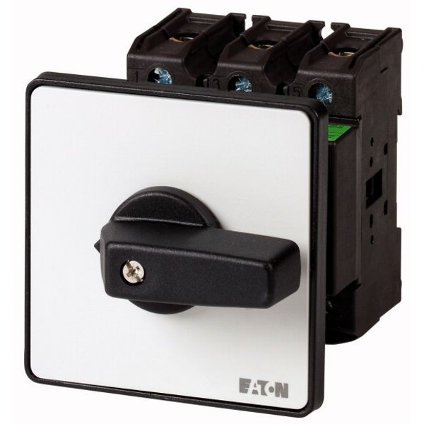 On-Off switch, P3, 63 A, rear mounting, 3 pole, 2 N/O, 2 N/C, with black thumb grip and front plate image 1