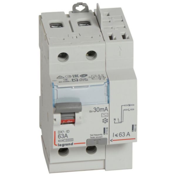 Differential switch DX³-ID top screw inlet and automatic top outlet - 2P 230V~ 63A type AC 30mA - 3 modules image 1