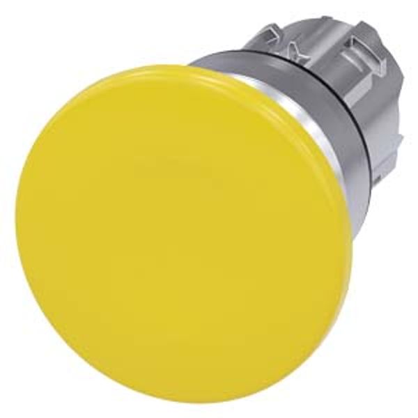 Mushroom pushbutton, 22 mm, round, metal, shiny, yellow, 40 mm, momentary contact type, with laser labeling, inscription or symbol Customer-specific selection with SIRIUS image 1