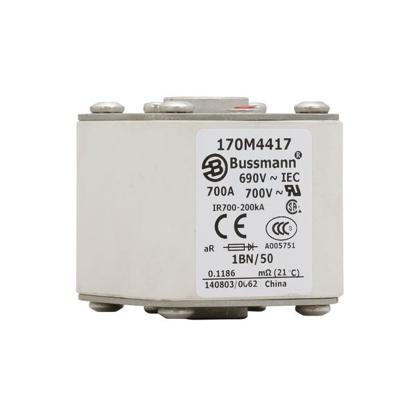 Fuse-link, high speed, 700 A, AC 690 V, size 1, 53 x 69 x 51 mm, aR, IEC, UL, single indicator, flush end, M8 image 4