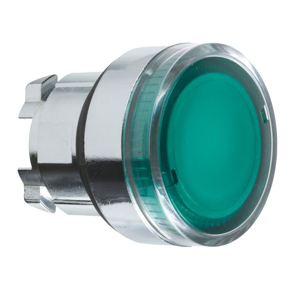 Harmony XB4, Illuminated push button head, metal, flush, green, Ø22, spring return, plain lens integral LED image 1