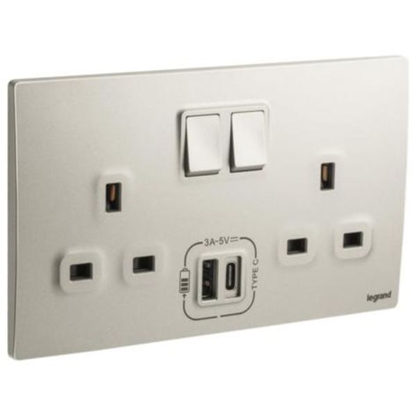 281136CH Mallia Senses 2 gang BS switched socket outlet single pole - 13A - with 3000mA A and C types USB chargers image 1