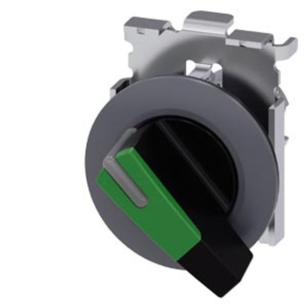 Selector switch, illuminable, 30 mm, round, Metal, matte, green, selector switch, long, front ring for flush installation,  3SU1062-2EC40-0AA0-Z Y11 image 1