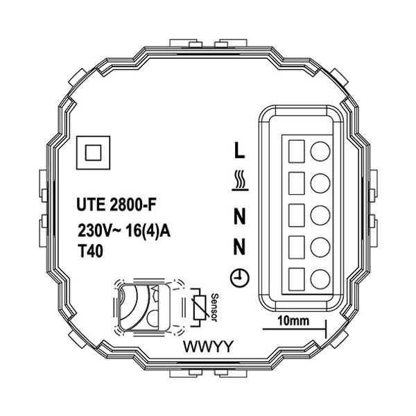 UP floor controller 10-40C, RAL9016 matt 55x55, AC230V, 16 A, 1 NO contact, PWM / 2 point control, power switch, TA, LED display, remote sensor image 3