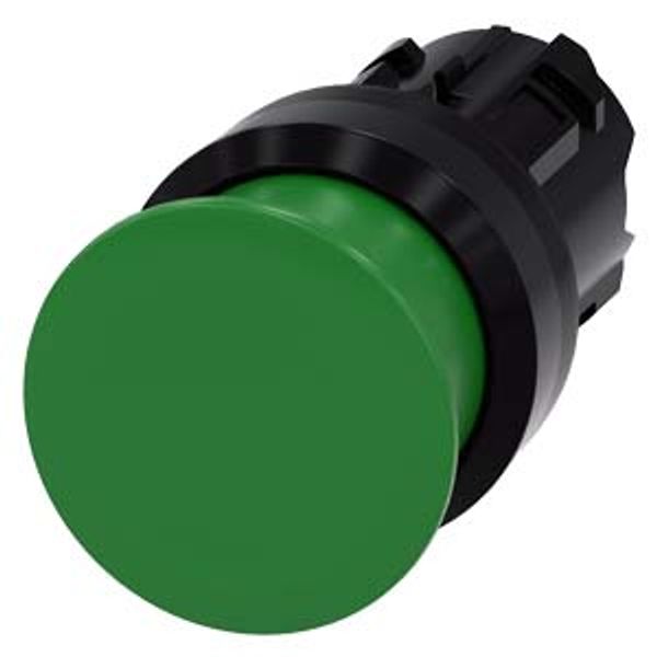 Mushroom pushbutton, 22 mm, round, plastic, green, 30 mm, momentary contact type, with laser labeling, inscription or symbol Customer-specific selection with SIRIUS ACT image 1