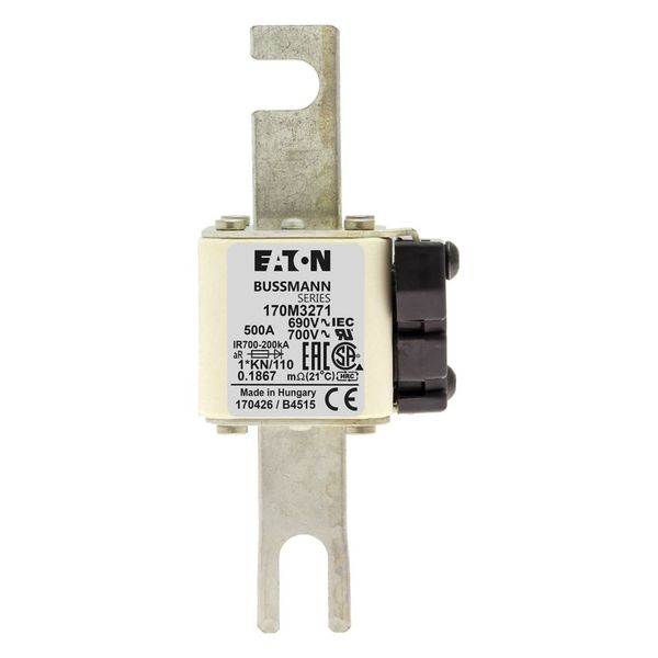 Fuse-link, high speed, 500 A, AC 690 V, compact DIN 1, 45 x 58 x 134 mm, aR, DIN, IEC, type K indicator, 110 mm centres image 6