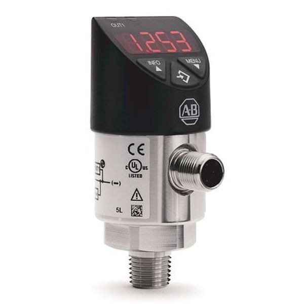 Allen-Bradley 836P-D2NFGB10PA-D4 Solid-State Pressure Sensor, Standard, Display/Push-button, Switch, 0 psi (0 bar), 1/4 NPT Female, 100 psi (6.89 bar), Gauge, 1xPNP x 1 Analog(4-20 mA) IO-Link, 4-Pin DC Micro(M12), IO Link Enabled image 1