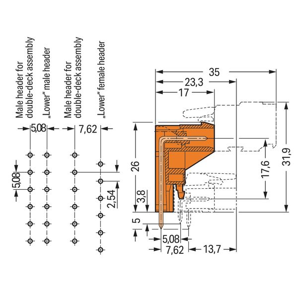 THT male header for double-deck assembly 1.0 x 1.0 mm solder pin angle image 3