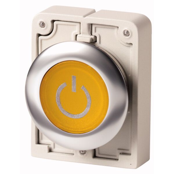 Illuminated pushbutton actuator, RMQ-Titan, flat, momentary, yellow, inscribed, Front ring stainless steel image 1