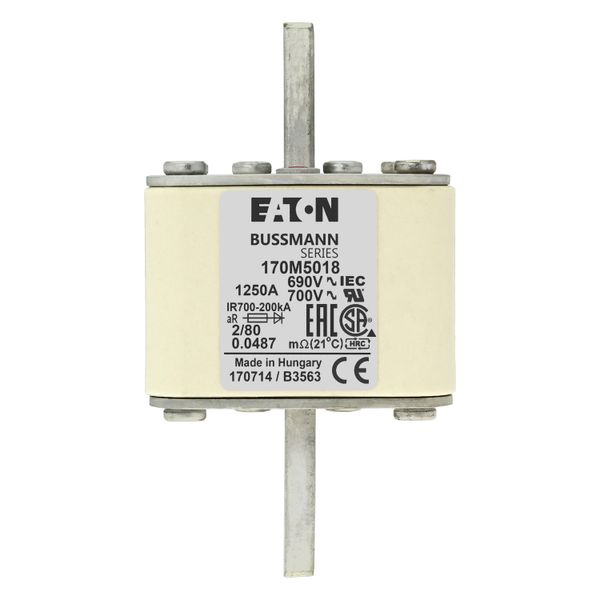 Fuse-link, high speed, 1250 A, AC 600 V, DIN 2, 61 x 61 x 108 mm, aR, DIN, IEC, single indicator, 80 mm centres image 10