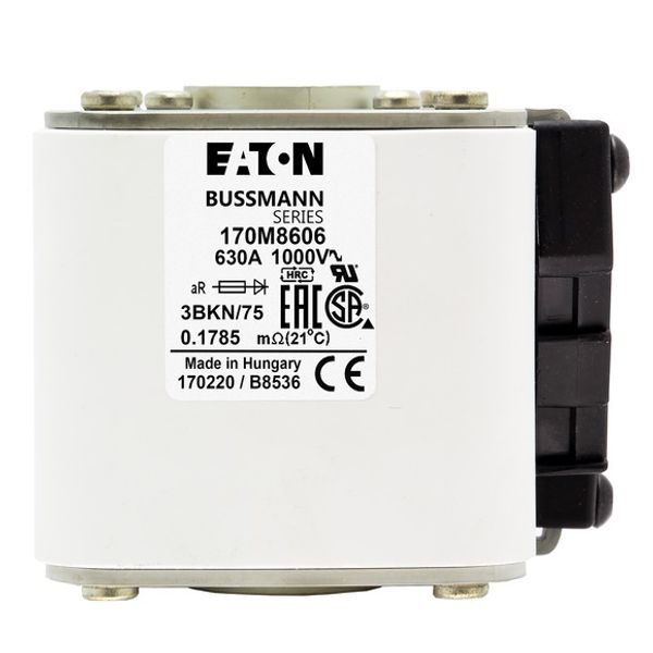 Fuse-link, high speed, 630 A, AC 1000 V, size 3, 74 x 92 x 76 mm, aR, IEC, UL, single indicator image 2