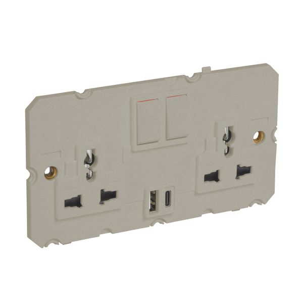 Multistandard 2x2P+E switched 2 gang socket outlet Arteor 16 A 250 V~/ 15 A - 127 V~ with USB charger - champagne image 1