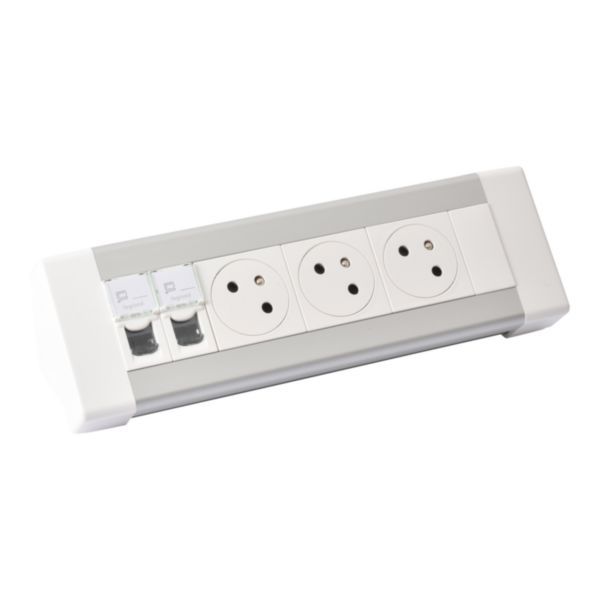 Wired desk block equipped with 3 2P+E Surface sockets and 2 RJ45 category 6 FTP sockets image 1