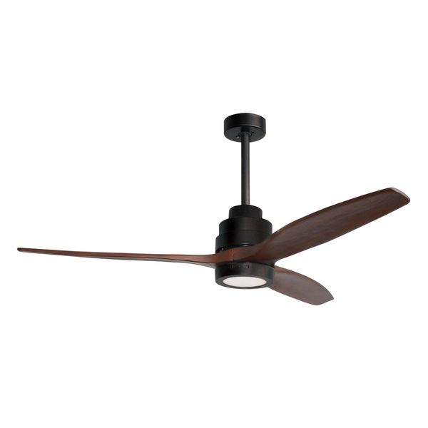 Fan Matt Black Steel & Glass Brown Wood D: 132  H: 35-48 cm 5 Speed  Remote, 64cm Blade DC 40W,AC220-240V 4000CFM 200RPM, image 1