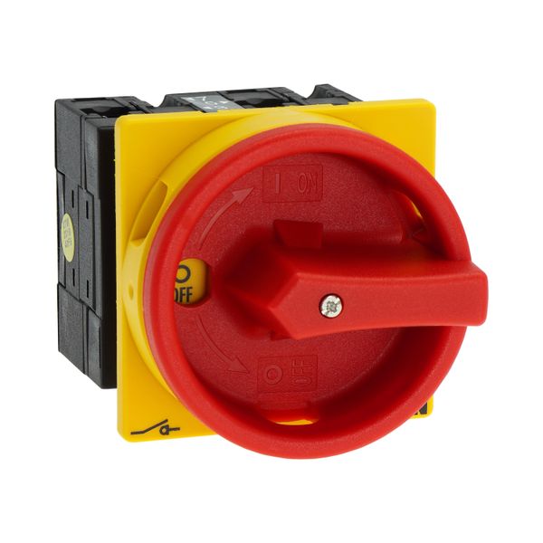 Main switch, T3, 32 A, flush mounting, 2 contact unit(s), 4 pole, Emergency switching off function, With red rotary handle and yellow locking ring image 17