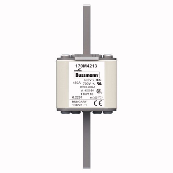 Fuse-link, high speed, 450 A, AC 690 V, DIN 1, 53 x 66 x 138 mm, aR, DIN, IEC, type T indicator image 1