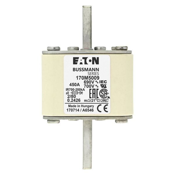 Fuse-link, high speed, 450 A, AC 690 V, DIN 2, 61 x 61 x 108 mm, aR, DIN, IEC, single indicator, 80 mm centres image 6