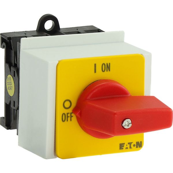 On-Off switch, T0, 20 A, service distribution board mounting, 1 contact unit(s), 2 pole, Emergency switching off function, with red thumb grip and yel image 17