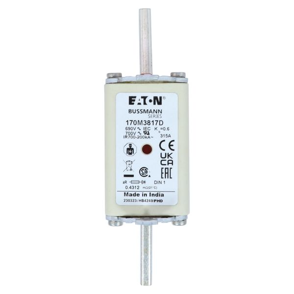 Fuse-link, high speed, 315 A, AC 690 V, DIN 1, aR, DIN, IEC, dual indicator, live gripping lugs image 8