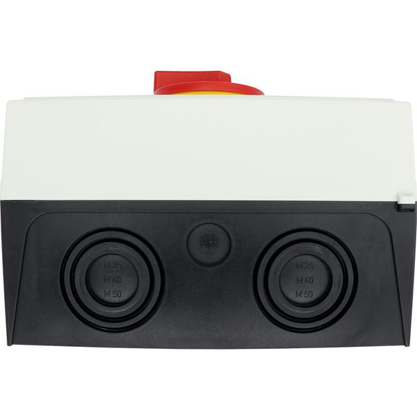 Main switch, P3, 100 A, surface mounting, 3 pole, 1 N/O, 1 N/C, Emergency switching off function, With red rotary handle and yellow locking ring, Lock image 35