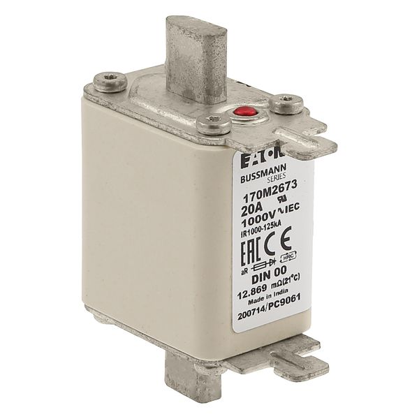 Fuse-link, high speed, 20 A, AC 1000 V, DIN 00, aR, DIN, IEC, single indicator, live gripping lugs image 11