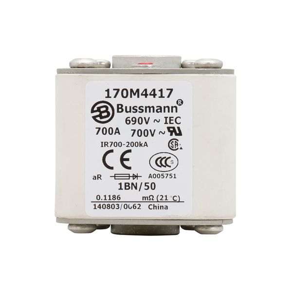 Fuse-link, high speed, 700 A, AC 690 V, size 1, 53 x 69 x 51 mm, aR, IEC, UL, single indicator, flush end, M8 image 5