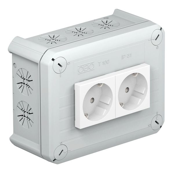 T 100 2MSD WS  Junction box, with 2 Schuko 33° white sockets, 150x116x67, light gray Polypropylene image 1