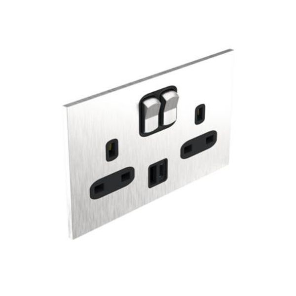 Art d'Arnould - 2 gang BS socket outlet 13 A-250V single pole switched + USB A+C Epure - Brushed Steel image 1