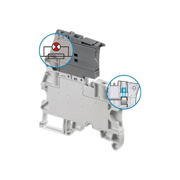 DIN RAIL TERMINAL BLOCK, FUSE, 5X20, FEED THROUGH, BLOWN FUSE INDICATOR, TEST SOCKETS, ZS4-SF-R2, 6MM SPACING, 4MM2, GREY image 1