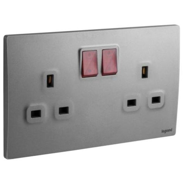 Mallia Senses - 2 gang BS switched socket outlet single pole - with LED - 13A - Dark Silver image 1