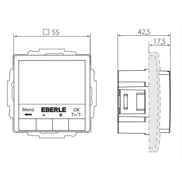 Concealed thermostat as room controller, RAL9016 glossy 55x55, AC 230V, 10 A relay output 1 NO contact, white backlighting image 2