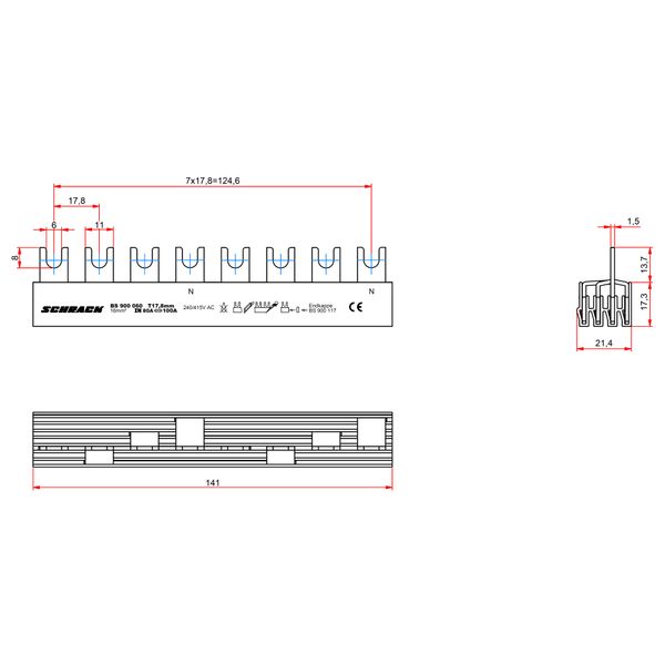 Busbar, 1xRCCB 4-pole, 4xSPD, 8MW (MW=18mm), 16mm2 image 9