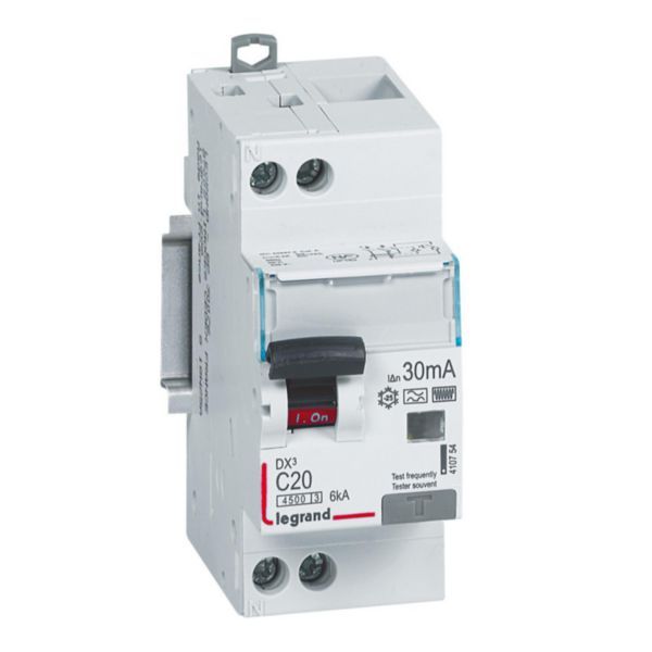 Differential circuit breaker DX³4500 high inlet and low outlet screw U+N 230V~ - 20A type F 30mA - curve C - 2 modules image 1