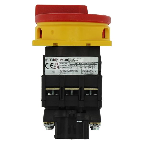 Main switch, P1, 40 A, flush mounting, 3 pole, Emergency switching off function, With red rotary handle and yellow locking ring, Lockable in the 0 (Of image 11