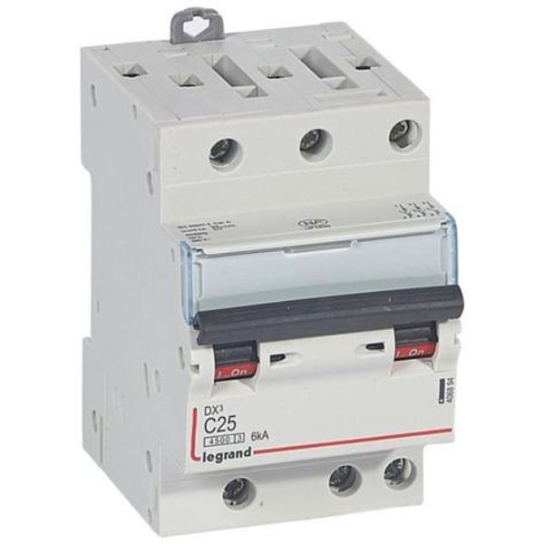 Circuit breaker DX³4500 6kA high inlet and low outlet via screw terminal - three-pole 400V~ 25A curve C - 3 modules image 1