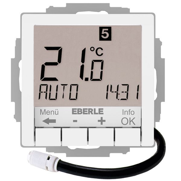 Concealed clock thermostat for controlling electrical temperature control systems, RAL9016 glossy 55x55, AC 230V, 1 NO contact 16 A, white backlighting image 1