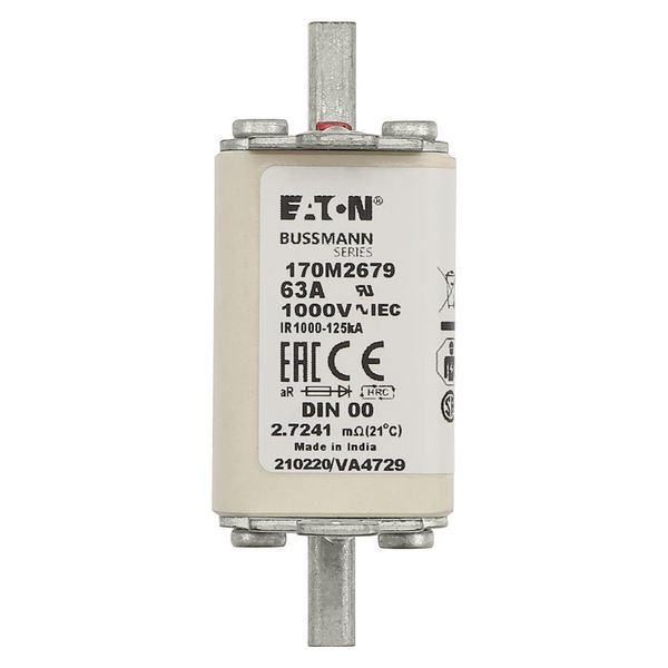 Fuse-link, high speed, 63 A, AC 1000 V, DIN 00, aR, DIN, IEC, single indicator, live gripping lugs image 8