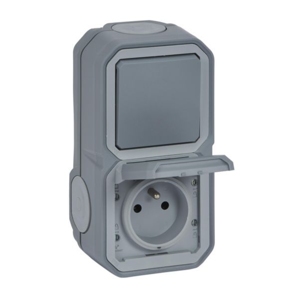 Plexo waterproof power socket and two-way switch for vertical installation delivered complete for surface mounting gray image 1