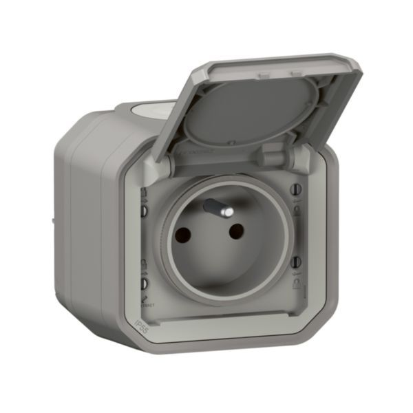 Waterproof earthed socket with shutter Plexo 16A 250V supplied complete for mounting in exposed grey image 1