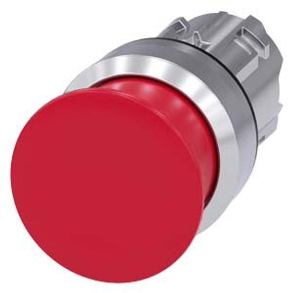 Mushroom pushbutton, 22 mm, round, metal, shiny, red, 30 mm, momentary contact type, with laser labeling, upper case image 1