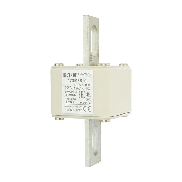 Fuse-link, high speed, 500 A, AC 690 V, size 2, 61 x 77 x 135 mm, aR, IEC, UL, no indicator, 90 mm centres image 3