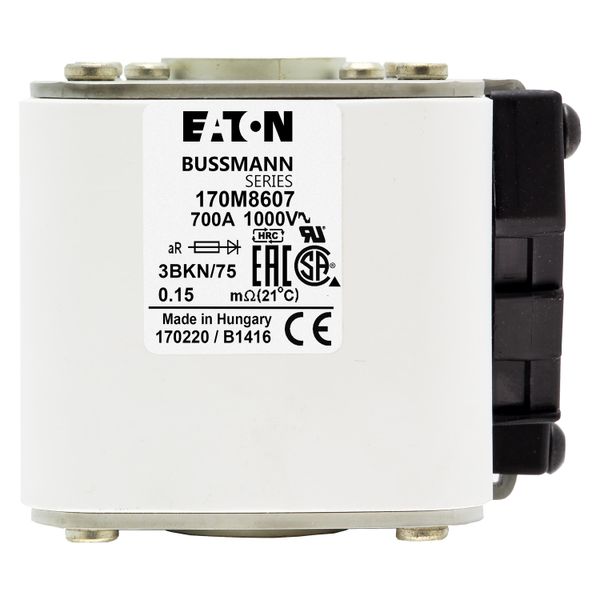 Fuse-link, high speed, 700 A, AC 1000 V, size 3, 74 x 92 x 76 mm, aR, IEC, UL, single indicator image 9