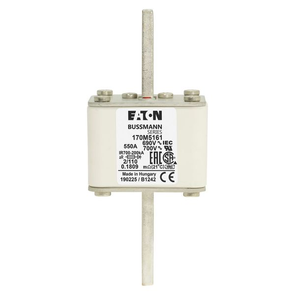 Fuse-link, high speed, 550 A, AC 690 V, DIN 2, 61 x 61 x 108 mm, aR, DIN, IEC, single indicator, 110 mm centres image 6