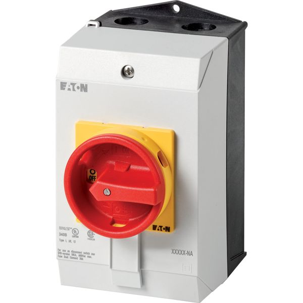 Main switch, T3, 32 A, surface mounting, 4 contact unit(s), 8-pole, Emergency switching off function, With red rotary handle and yellow locking ring, image 6