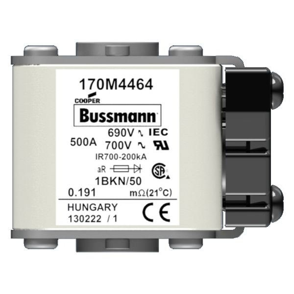 Fuse-link, high speed, 500 A, AC 690 V, size 1, 53 x 69 x 51 mm, aR, IEC, UL, type K indicator, flush end, M8 image 2