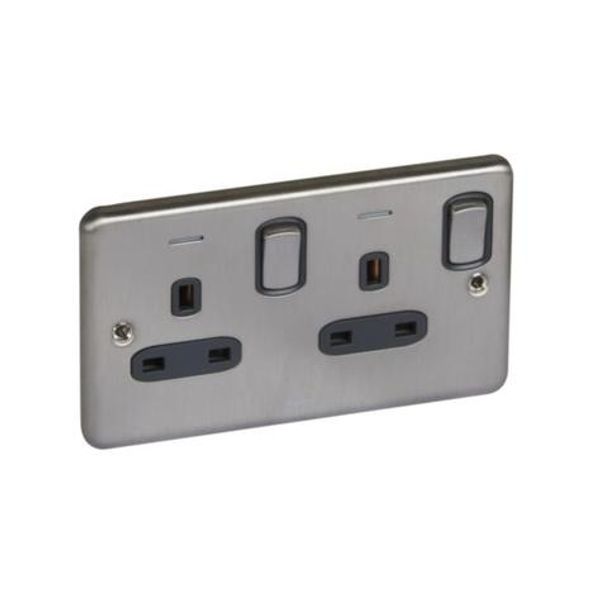 Synergy™ Authentic - 2 gang switched single pole BS socket outlet 13A + blue led power indicator Brushed Stainless steel image 1