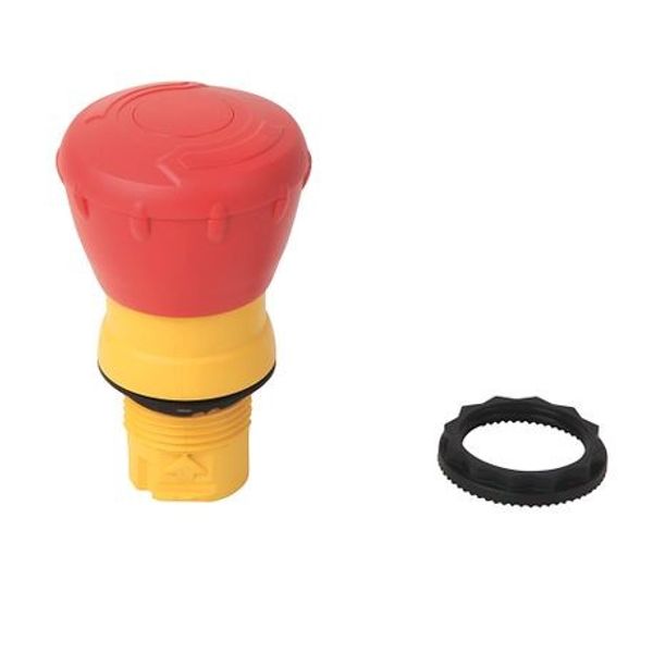 Allen-Bradley, 800FP-MT44PX11, 800F Non-Illuminated Mushroom Operators, Twist to Release, 40mm, Round Plastic (Type 4/4X/13, IP66), Red, Plastic Latch Mount, 1 N.O. Contact(s), 1 N.C. Contact(s) image 1