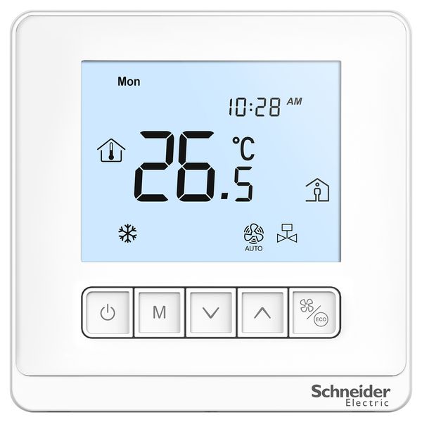 SpaceLogic thermostat, fan coil on/off, networking, LCD 5 Button, 4P, ECM fan 0-10V, modbus, external sensor, 240V, white image 1